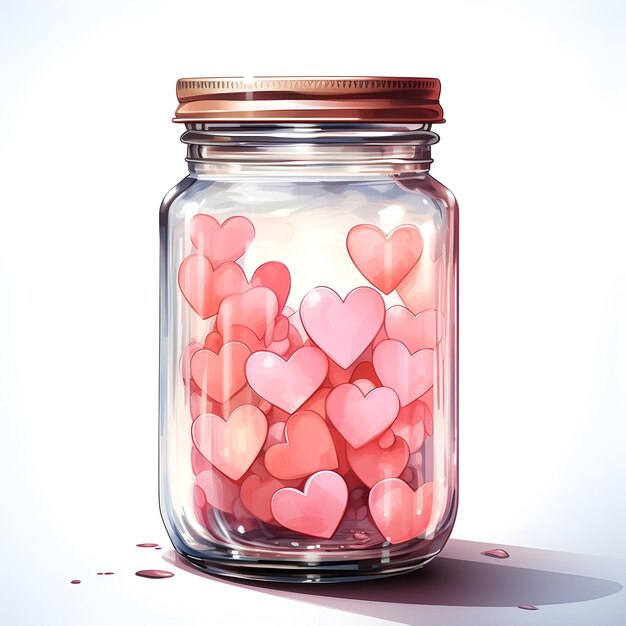 Bella illustrazione ad acquerello di un barattolo trasparente pieno di cuori d'amore rosa in stile disegnato a mano