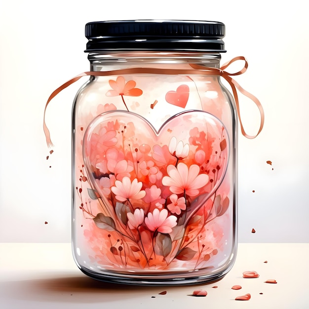 Bella illustrazione ad acquerello di un barattolo trasparente pieno di cuori d'amore rosa in stile disegnato a mano