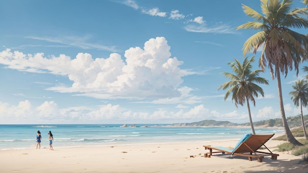 Bella illustrazione che dipinge il cielo blu su una spiaggia con nuvole in stile anime