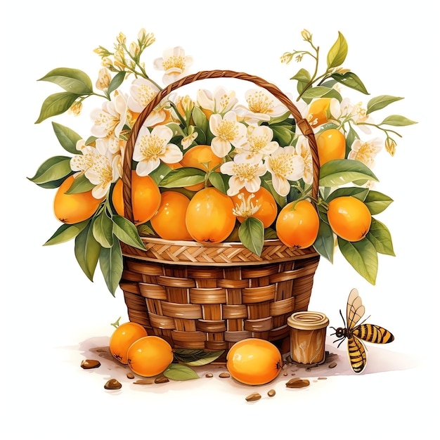 bella illustrazione di clipart dell'acquerello del cestino del frutteto e dell'ape