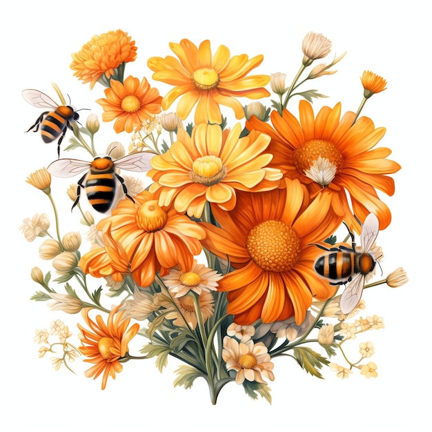 bella illustrazione di clipart dell'acquerello del mazzo di fiori di campo e api mellifere