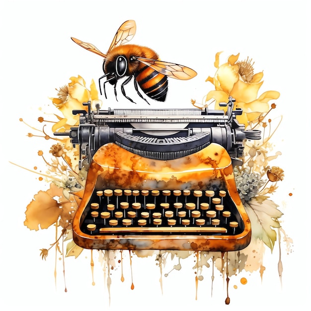 bella illustrazione di clipart dell'acquerello della macchina da scrivere vintage e dell'ape
