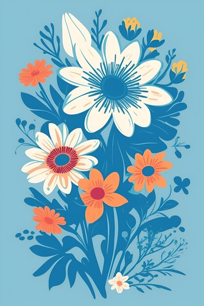 Bella illustrazione di fiori composizione verticale in tono blu