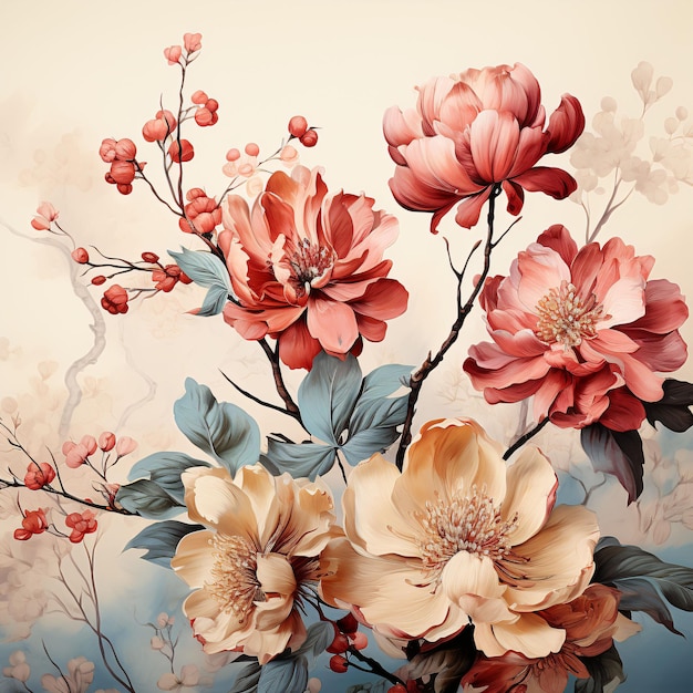 Bella illustrazione di fiori in fiore in stile vintage sfondo floreale esotico IA generativa
