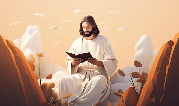 Bella illustrazione di Gesù Cristo sullo sfondo colori pastello arte digitale illustrativa cristiana
