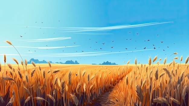 Bella illustrazione di un campo di grano maturo contro il cielo blu che rappresenta l'estate Generative AI