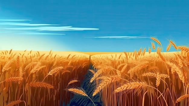 Bella illustrazione di un campo di grano maturo contro il cielo blu che rappresenta l'estate Generative AI