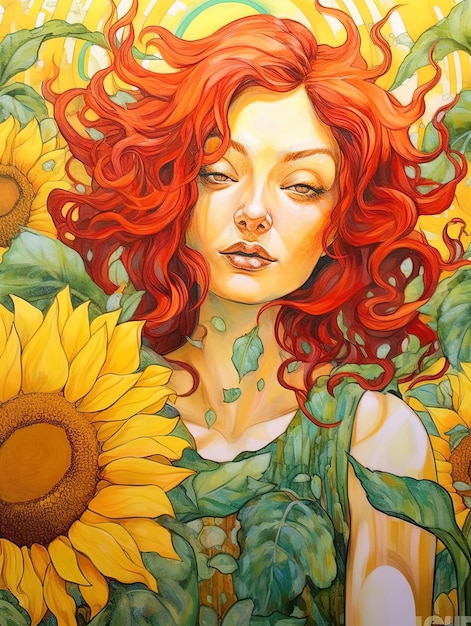 Bella illustrazione di una donna dai capelli rossi circondata da girasoli IA generativa