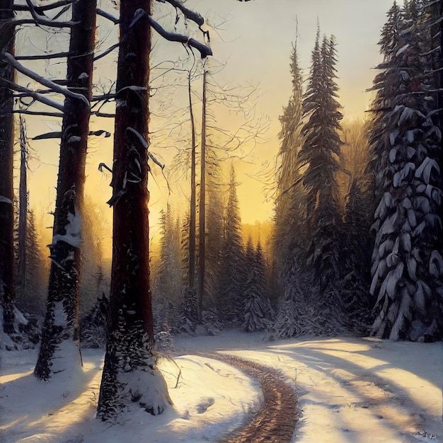 Bella illustrazione di una foresta di abeti sotto il sole abbastanza invernale