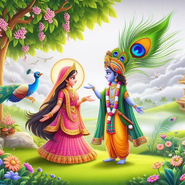 Bella immagine 3D di Lord RadhaKrishna carta da parati poster banner stile Janmashtami ai generato