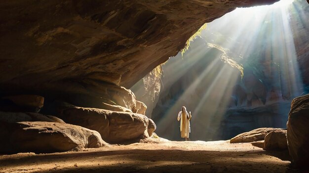 Bella immagine a colori della grotta con la luce del sole che splende attraverso il modello del poster Immagine fotografica Ai generata arte