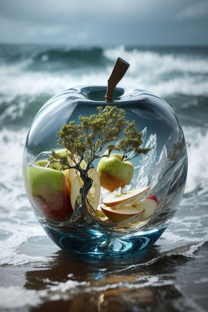 bella immagine a doppia esposizione mescolando insieme un mare tempestoso e una mela di vetro Il mare dovrebbe ser