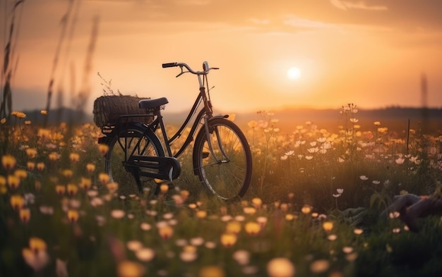 Bella immagine del paesaggio con la bicicletta al tramonto IA generativa