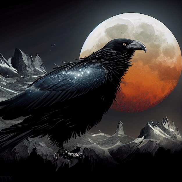 Bella immagine del tema di halloween dell'illustrazione del corvo nero con la grande luna sullo sfondo