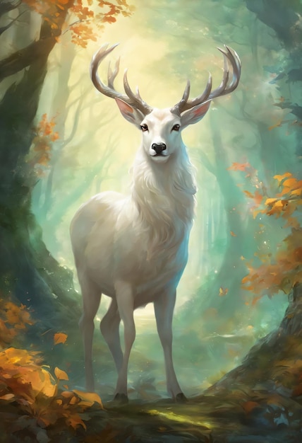 Bella immagine di cervo bianco in dorati e marroni vibranti della foresta paesaggistica autunnale