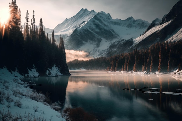 Bella immagine di montagne e alte cime innevate avvolte nella nebbia