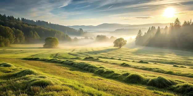 Bella immagine di sfondo sfocata della natura primaverile con un prato ben tagliato circondato da alberi