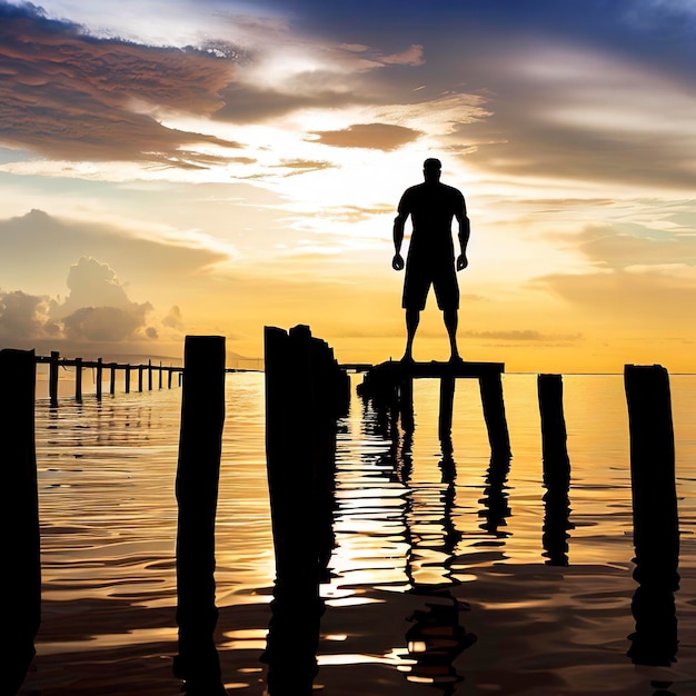 Bella immagine di una silhouette maschile in piedi sui trampoli di legno sull'acqua