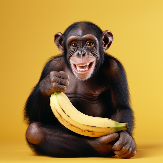 Bella immagine di uno scimpanzé che sbuccia una banana IA generativa