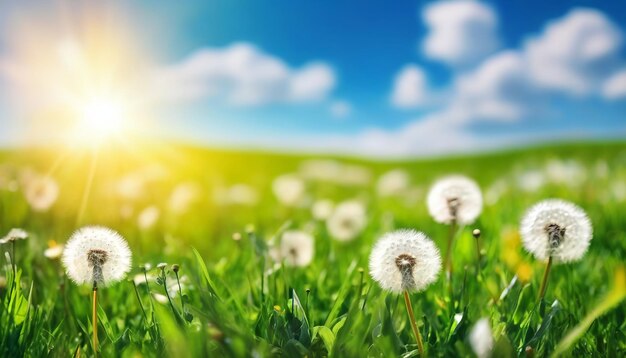 Bella immagine naturale luminosa di prato di primavera di erba fresca con dente di leone con sfondo sfocato