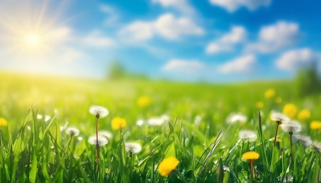 Bella immagine naturale luminosa di prato di primavera di erba fresca con dente di leone con sfondo sfocato