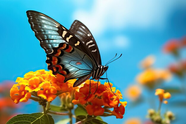 Bella immagine primavera estate della farfalla Morpho che si nutre di fiori di lantana arancione contro il cielo blu