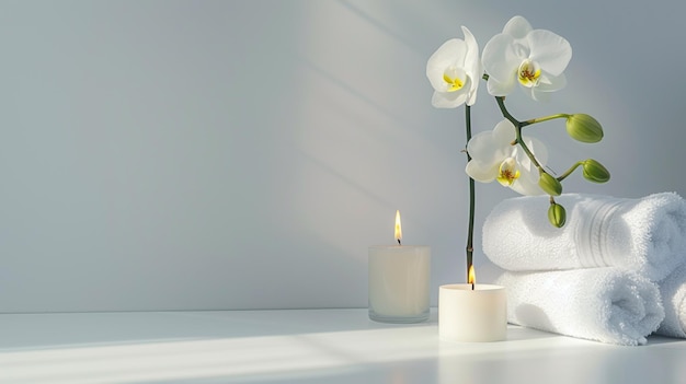 Bella impostazione spa con asciugamani candela orchidea