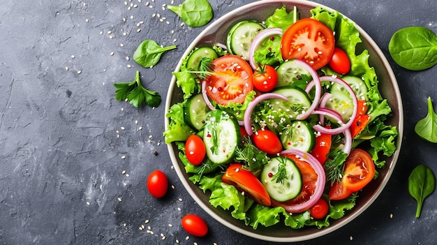 bella insalata di verdure di pomodoro fresco cetriolo cipolla spinaci lattuga Generative Ai