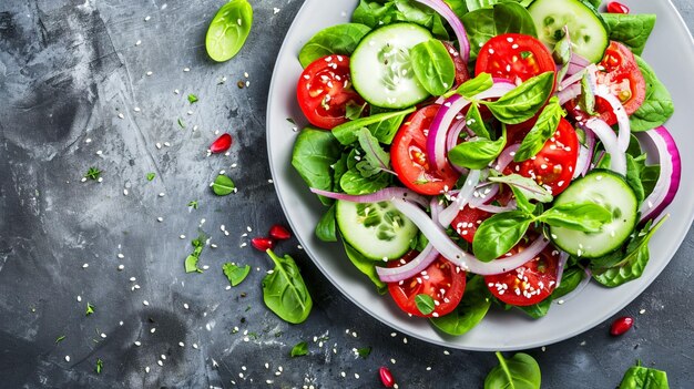 bella insalata di verdure di pomodoro fresco cetriolo cipolla spinaci lattuga Generative Ai