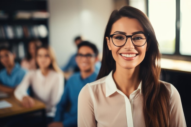 bella insegnante sorridente in classe