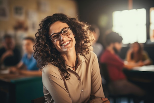 bella insegnante sorridente in classe