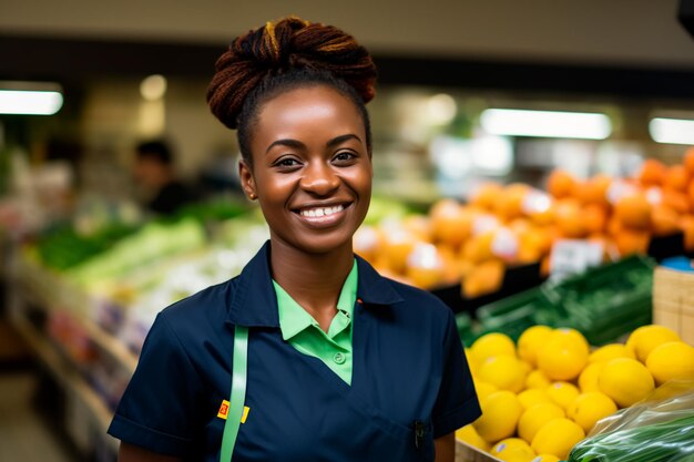 Bella lavoratrice di un supermercato sullo sfondo di verdure e frutta fresche