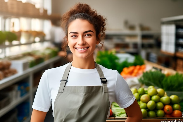 Bella lavoratrice di un supermercato sullo sfondo di verdure e frutta fresche