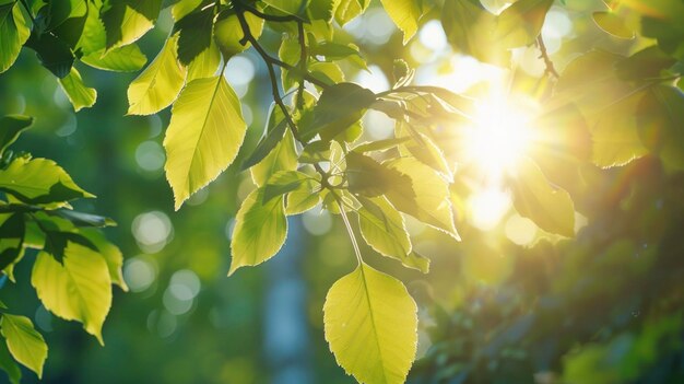 Bella luce solare attraverso le foglie degli alberi in primo piano estivo Uno sfondo sfocato con effetto bokeh e fogliame verde