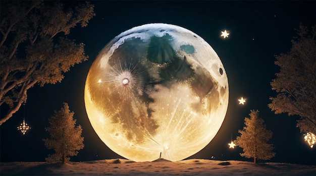 Bella luna circondata da luci decorative