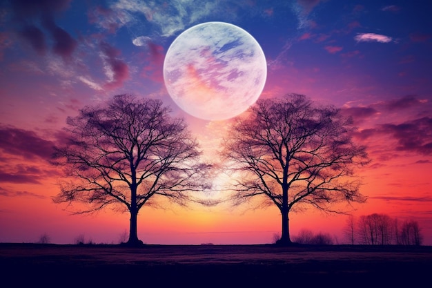 Bella luna nel cielo colorato sopra gli alberi