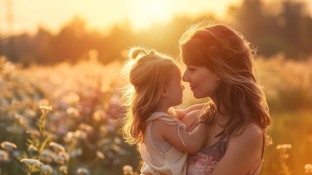 Bella madre e figlia in un campo di fiori al tramonto