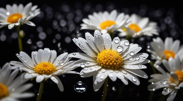 Bella margherita di fiore e goccia d'acqua su sfondo nero creato