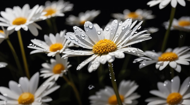 Bella margherita di fiore e goccia d'acqua su sfondo nero creato