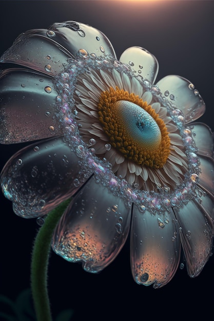 Bella margherita fiore e goccia d'acqua su sfondo nero Creato con tecnologia generativa AI
