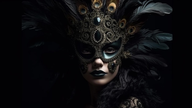 Bella maschera veneziana con piume su fondo nero ai generativo