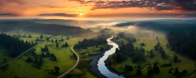 Bella mattina di primavera sulla vista aerea del drone della foresta e del fiume