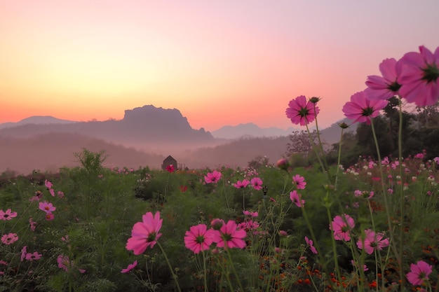 Bella mattina di raggio di alba con giardino di montagna e cosmo