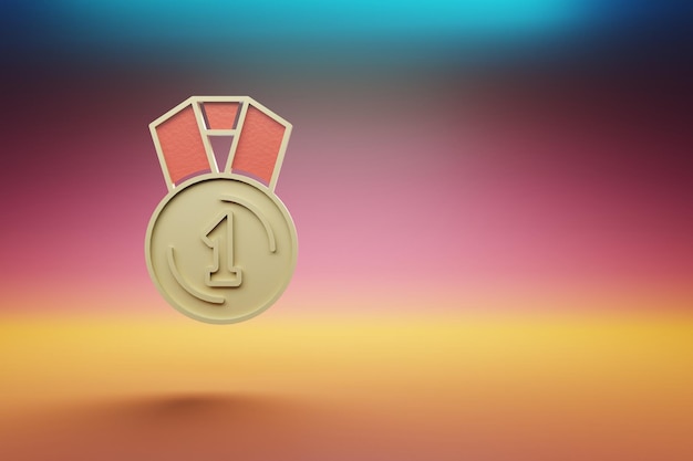 Bella medaglia d'oro 1 primo simbolo su sfondo brillante multicolore illustrazione di rendering 3D Ba