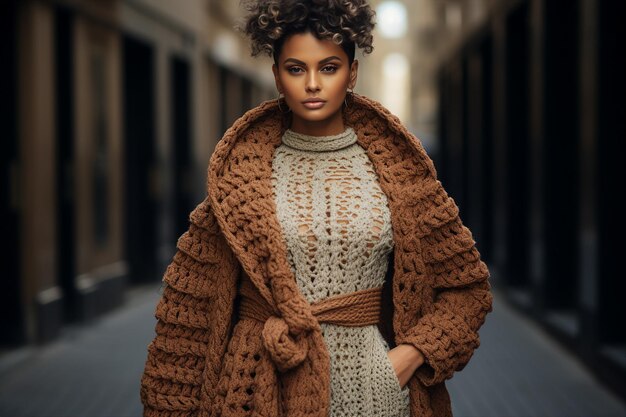 Bella modella che cammina per la città in un elegante e molto lungo cappotto a maglia in toni beige