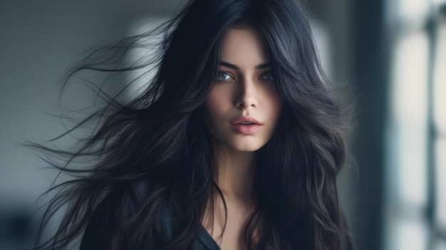 Bella modella con capelli lunghi Prodotti per la cura e la bellezza dei capelli