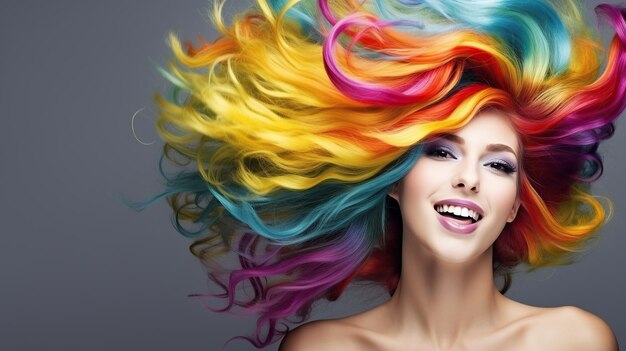 Bella modella con i capelli colorati dell'arcobaleno Ragazza con il trucco e i capelli perfetti