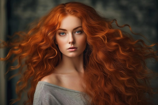 Bella modella con lunghi capelli rossi ricci Capello rosso Prodotti per la cura e la bellezza dei capelli