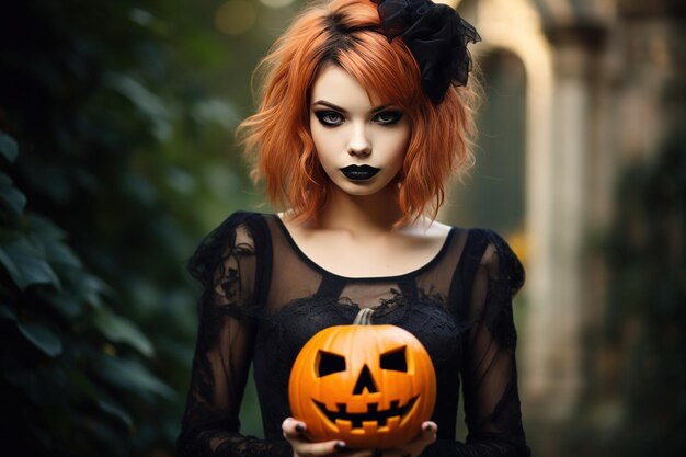 Bella modella gothica flirtante che tiene una zucca di Halloween sullo sfondo del cimitero