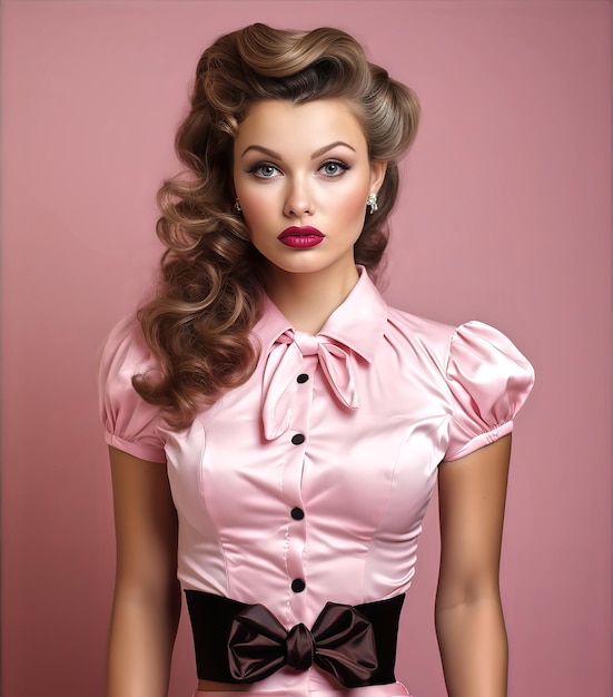 Bella modella pinup in stile retro degli anni '40 che indossa un vestito rosa con i capelli biondi scuri